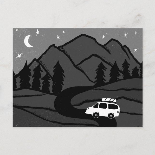 Campervan Mountains Vanlife RV Moon B&W Postcard (Front)