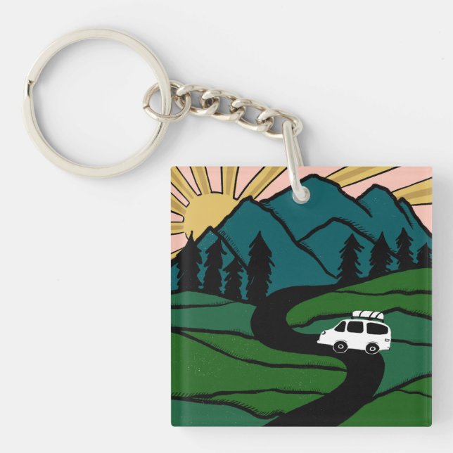 Campervan Mountains Vanlife RV Sunrise Key Ring (Front)
