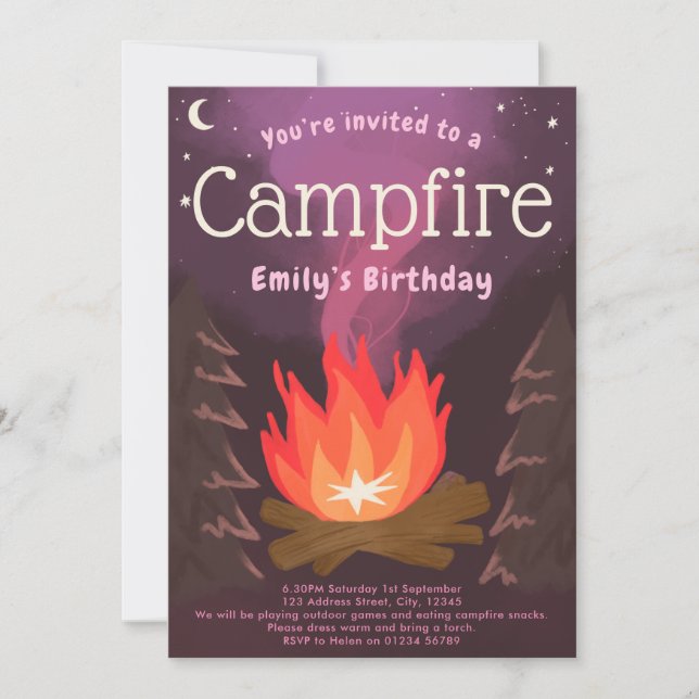 Campfire adventure girls birthday party invitation (Front)