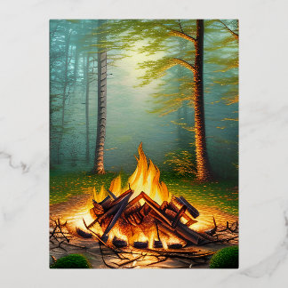  Campfire and Forest Foil Holiday Postcard
