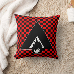 Campfire and Tent on Red and Black Checkerboard Cushion