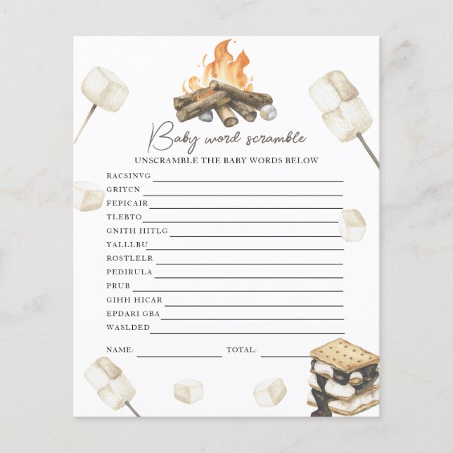 Campfire baby shower - Baby Word Scramble (Front)