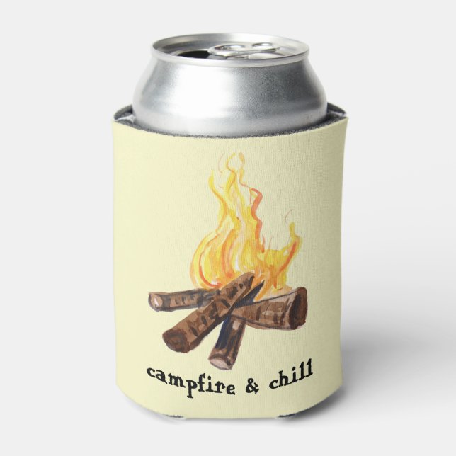 Campfire & Chill Camping Bonfire Watercolor Can Cooler (Can Front)