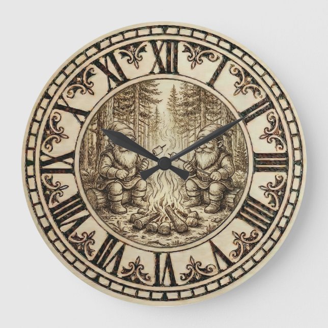 Campfire Gnomes Wooden Wall Clock  (Front)