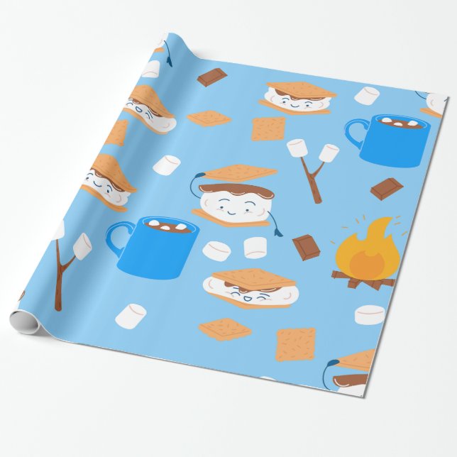 campfire marshmallow chocolate smores blue wrapping paper (Unrolled)