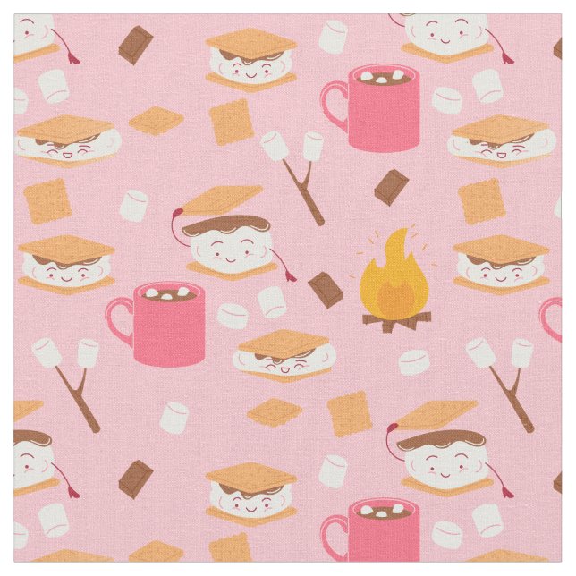campfire marshmallow chocolate smores pink fabric (Close Up)