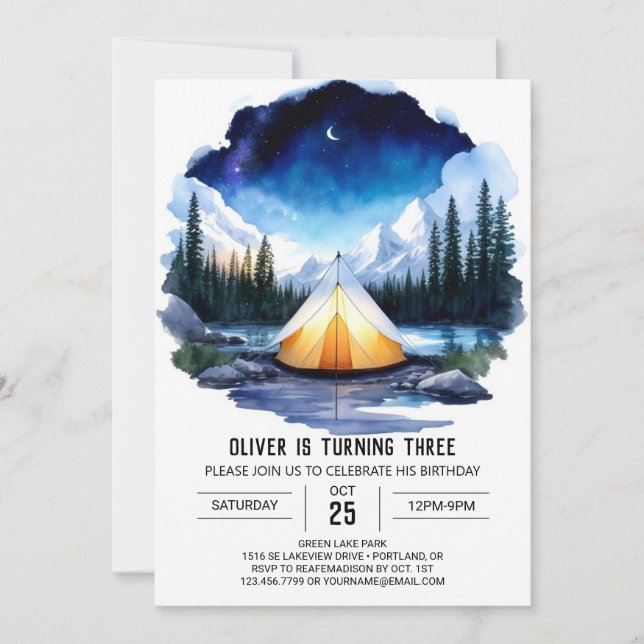 Campfire & Pine Trees Birthday Invitation (Front)