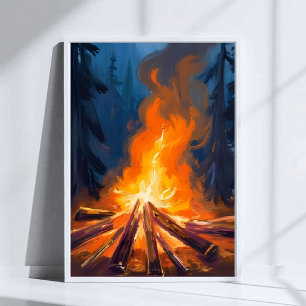 Campfire Watercolor Forest Painting Art Poster