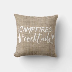Campfires and Cocktails Camping Burlap Cushion