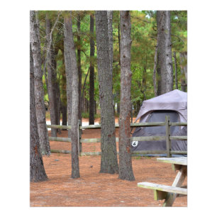 Campground with tent and fence in woods photo print