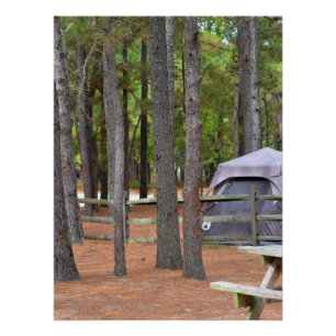 Campground with tent and fence in woods poster
