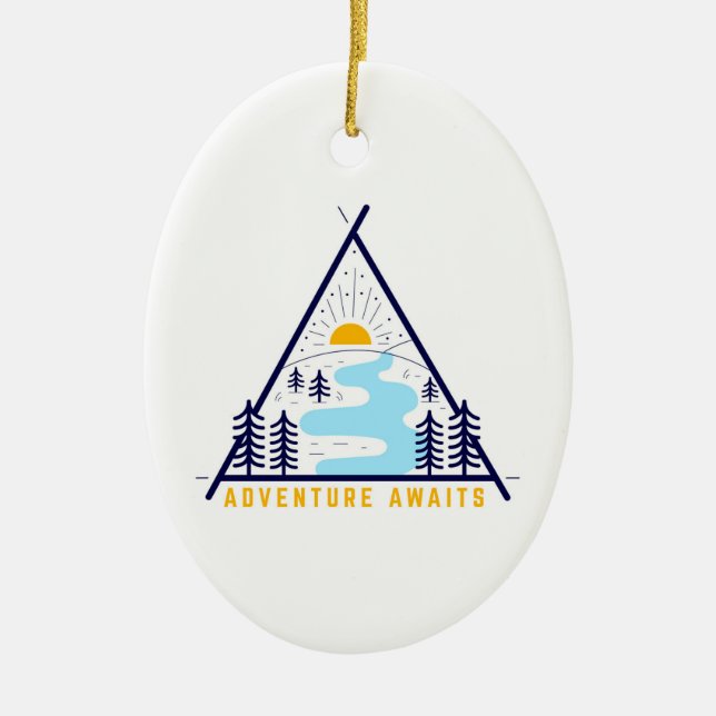Camping adventure awaits ceramic ornament (Front)