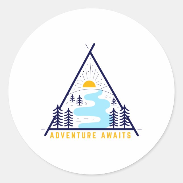 Camping adventure awaits classic round sticker (Front)