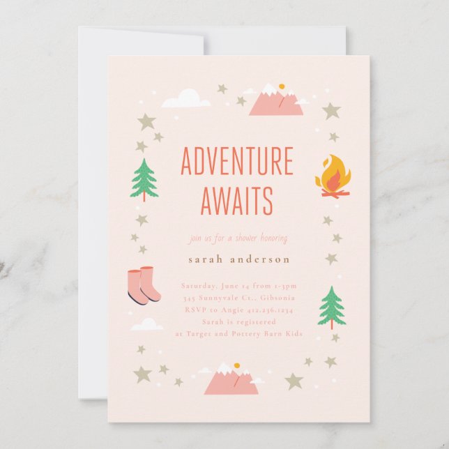 Camping Adventure Awaits Girl Baby Shower Invitation (Front)