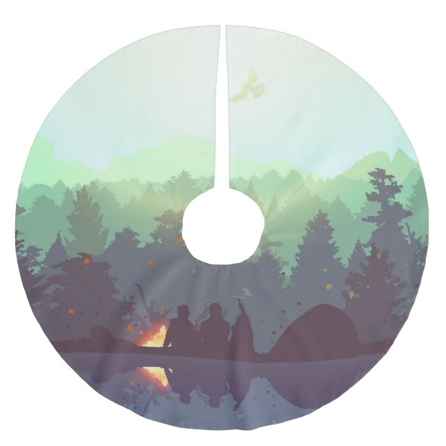Camping Adventure Forest Mountain Illustration Brushed Polyester Tree Skirt (Front)