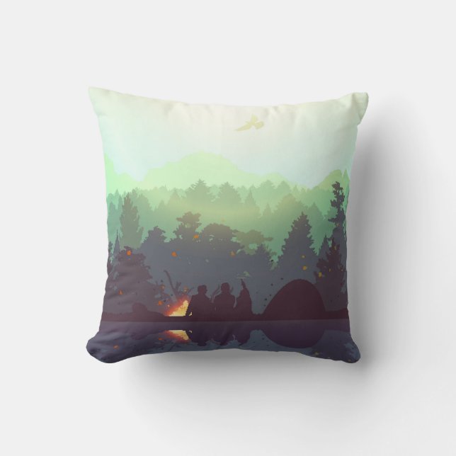 Camping Adventure Forest Mountain Illustration Cushion (Front)