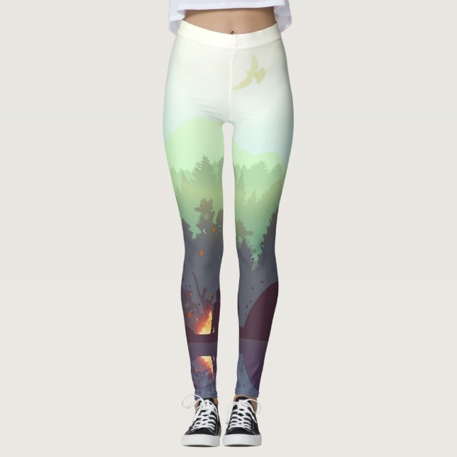 Camping Adventure Forest Mountain Illustration Leggings (Front)