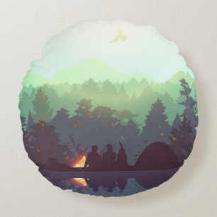 Camping Adventure Forest Mountain Illustration Round Cushion