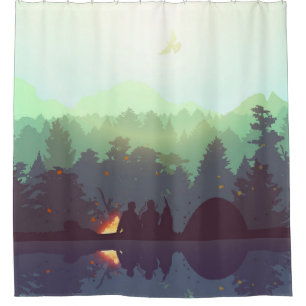 Camping Adventure Forest Mountain Illustration Shower Curtain