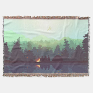 Camping Adventure Forest Mountain Illustration Throw Blanket