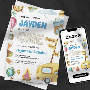 Camping Adventure Woodland Kids First Birthday Invitation