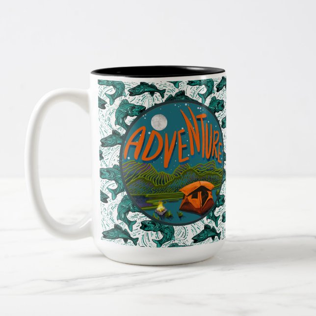 Camping and Fishing Adventure Two-Tone Coffee Mug (Left)