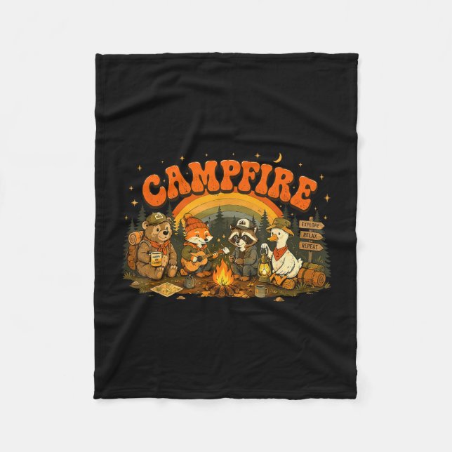 Camping animals campfire camper adventure outdoor fleece blanket (Front)