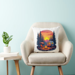 Camping at Sunset in the Wilderness of the Woods Cushion