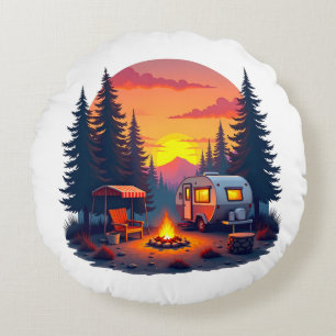 Camping at Sunset in the Wilderness of the Woods Round Cushion