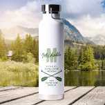 Camping Bachelorette Party Monogram Water Bottle<br><div class="desc">Personalised camping bachelorette water bottle featuring mountains,  boat oars,  your guests initial,  name,  and the details of your trip.</div>