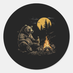 Camping Bear Drinking Beer Hiking Nature Funny Gri Classic Round Sticker