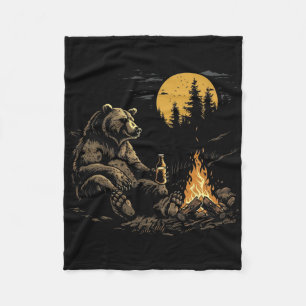 Camping Bear Drinking Beer Hiking Nature Funny Gri Fleece Blanket