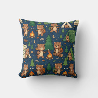 Camping Bear Throw Pillow – Cute Forest Tent
