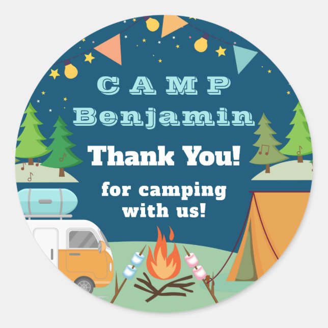 Camping Birthday Camp Party Thank You Classic Round Sticker (Front)