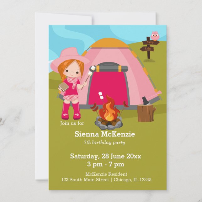 Camping birthday girl invitation (Front)