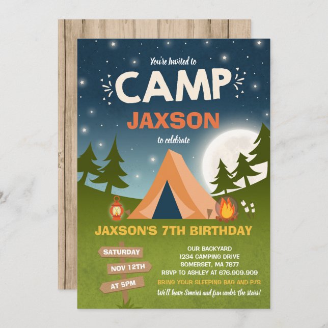 Camping Birthday Invitation Camp Out Party (Front/Back)