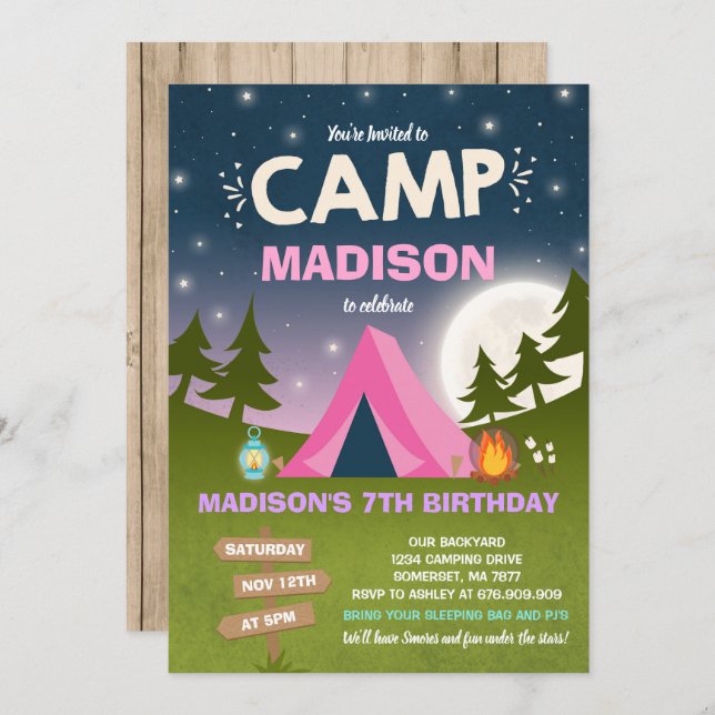 Camping Birthday Invitation Camp Out Party (Front/Back)
