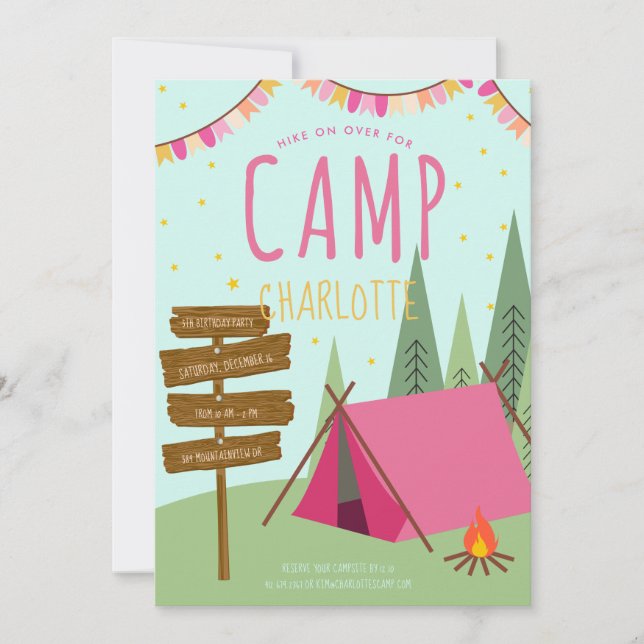Camping Birthday Party Invitation Pink Green (Front)