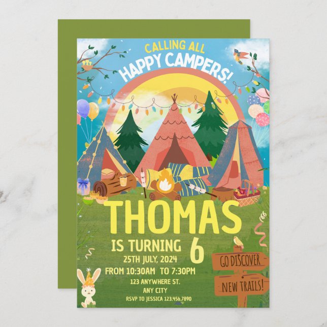 Camping Birthday Party modern kids  Invitation (Front/Back)