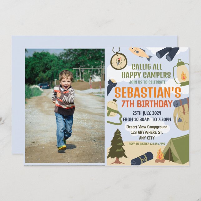 Camping Birthday Party modern kids  Invitation (Front/Back)