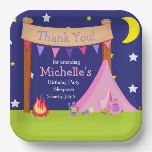 Camping Birthday Party Sleepover pink and purple Paper Plate