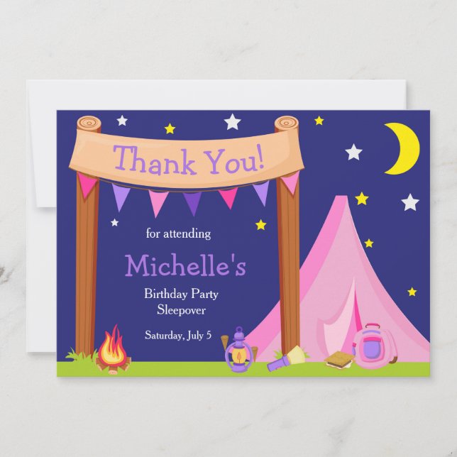 Camping Birthday Party Sleepover Pink and Purple Thank You Card (Front)