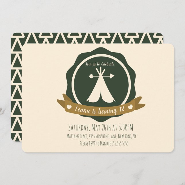 Camping Birthday Party Teepee Badge Invitation (Front/Back)