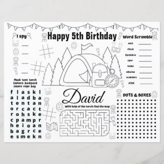 Camping birthday Placemats, Camping activity sheet