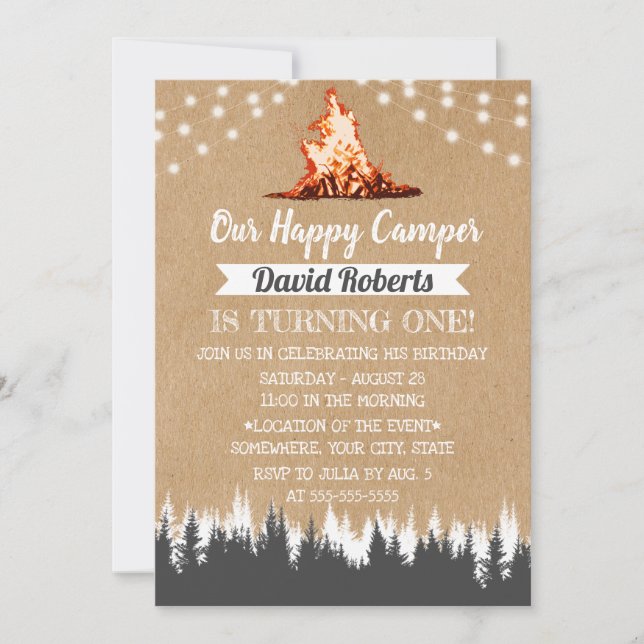 Camping Bonfire Happy Camper Rustic Kraft Birthday Invitation (Front)