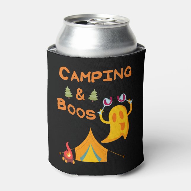 Camping & Boos Ghosts Wine Camping Halloween Can Cooler (Can Front)