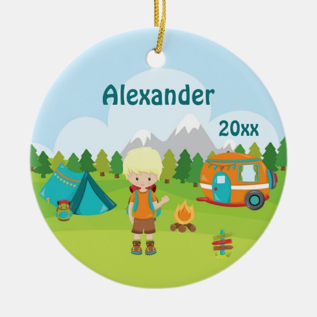 Camping Boy Fire Camper Tent Backpack Blonde Ceramic Ornament (Front)