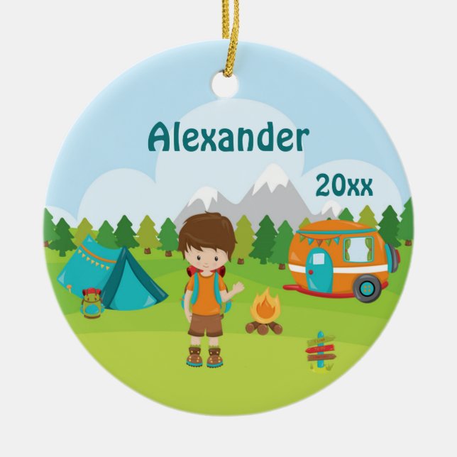 Camping Boy Fire Camper Tent Backpack Brown Ceramic Ornament (Front)