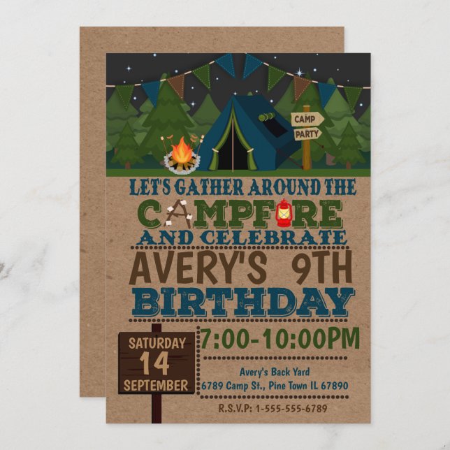 Camping Cam Birthday Party Invitation Camp out (Front/Back)