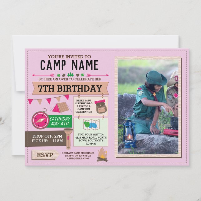CAMPING Camp Out Photo BIRTHDAY PARTY Girls Pink Invitation (Front)